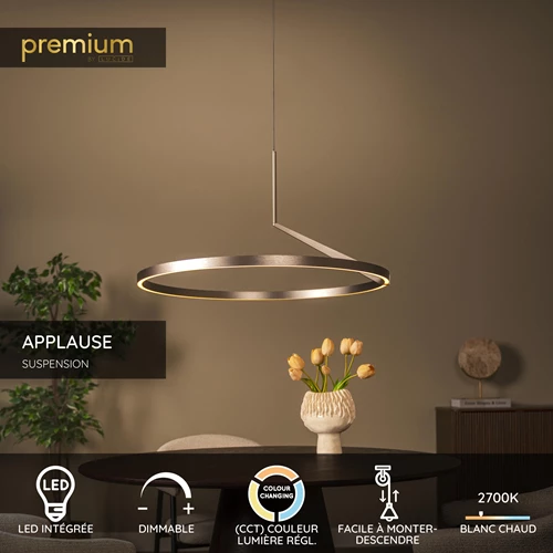 Lucide APPLAUSE - Suspension - Ø 80 cm - LED Dim. - CCT - 1x50W 2700K/4000K - Détecteur à balayage manuel - Fer gris | Premium - USP